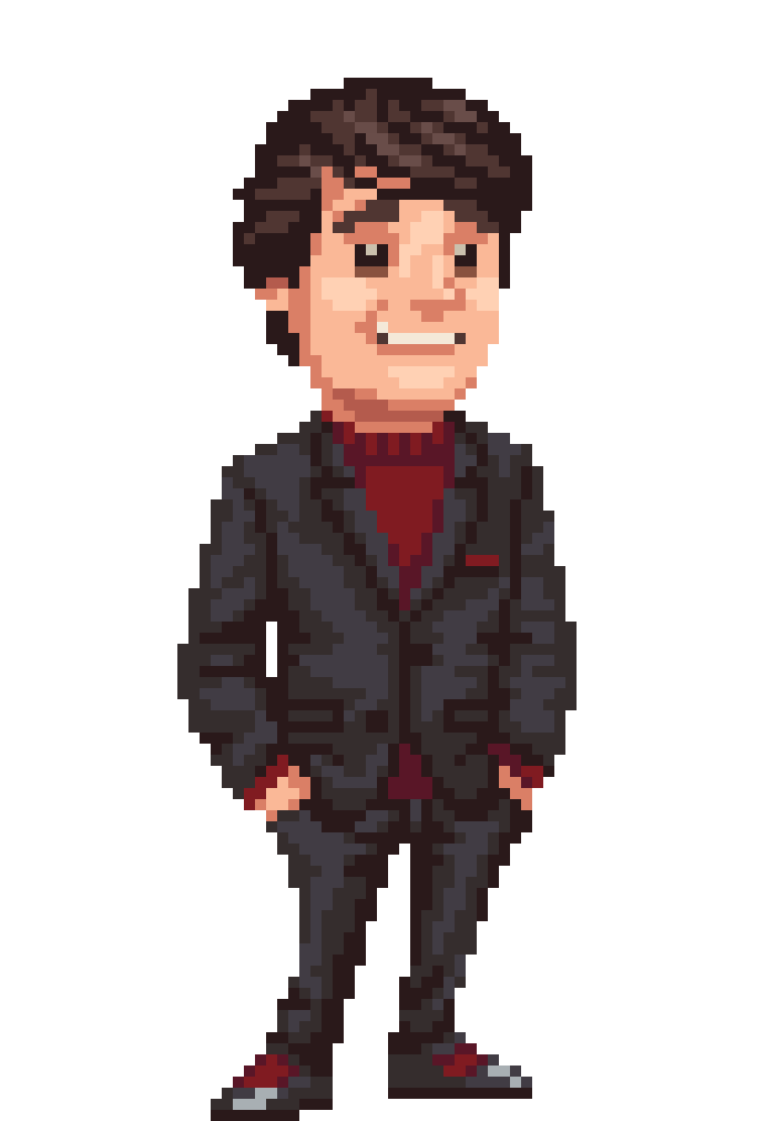 BitHeater's smiling pixel character wearing a dark suit and red scarf